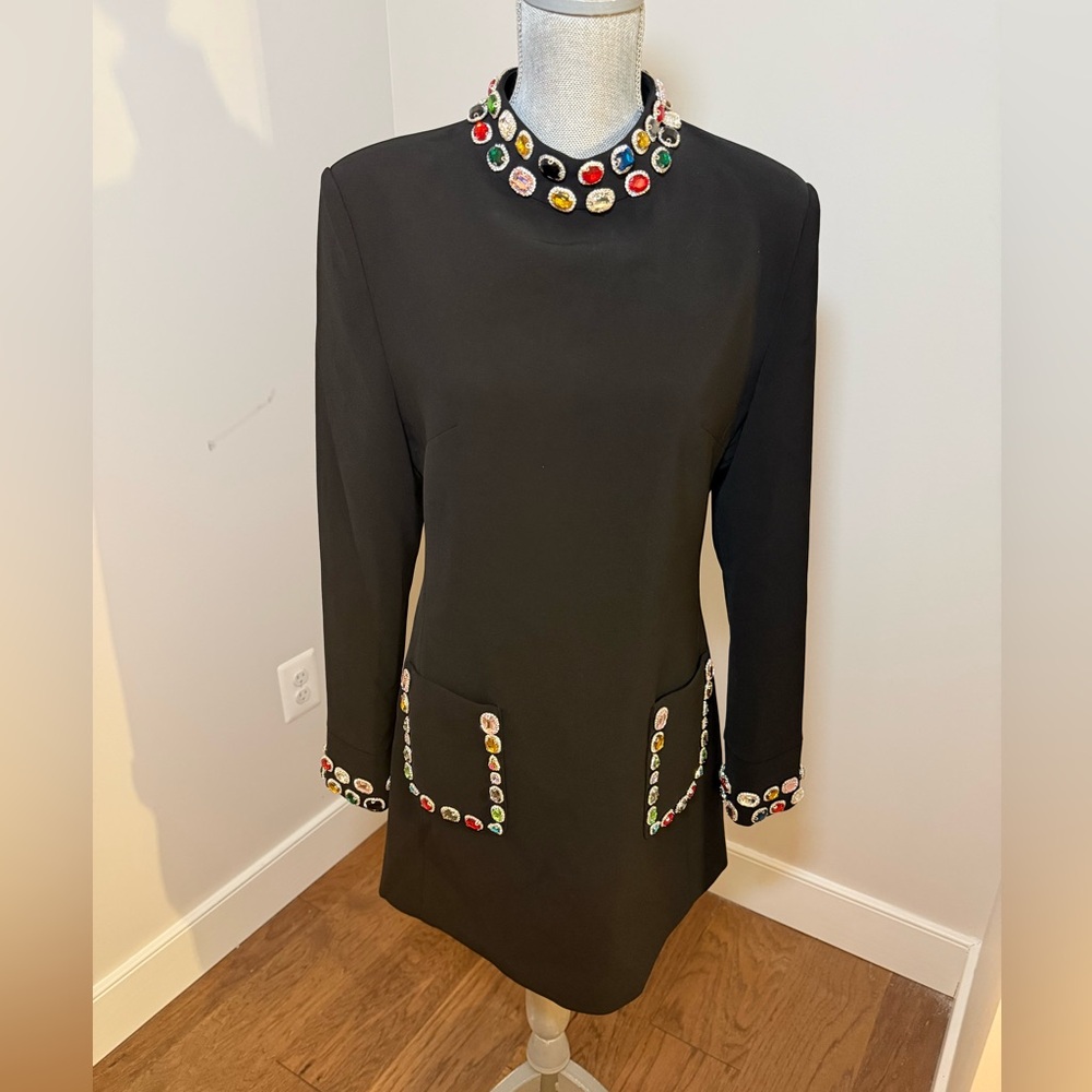 Black Embellished Pocket Shift Dress - Picture 3 of 14